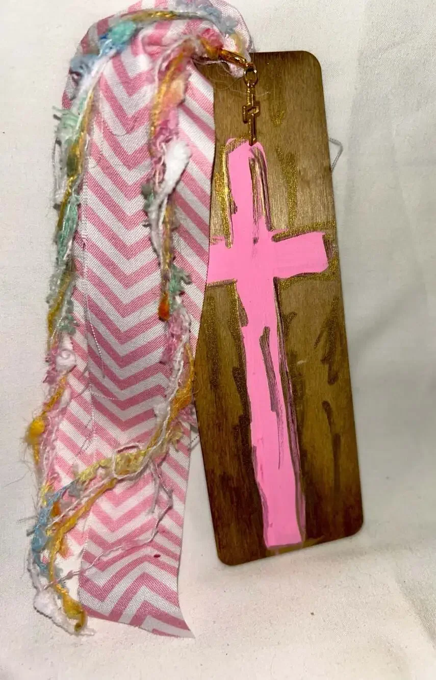 Handmade Wooden Cross Bookmark with Pink Paint and Ribbon Tassel